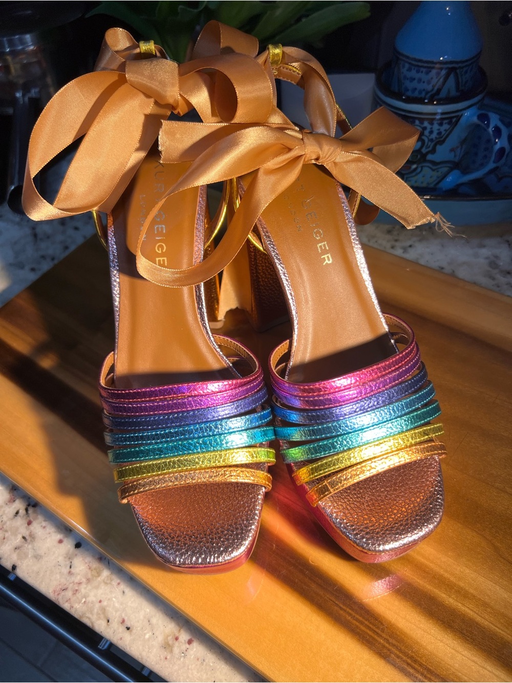 Kurt Geiger Metallic Rainbow Strappy Heeled Sandals Note: Added Gold Ribbons